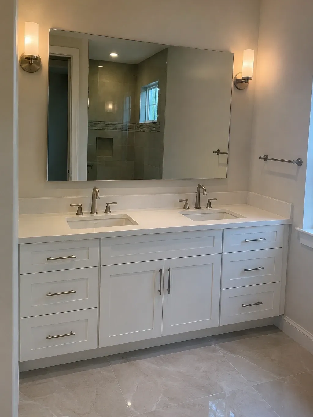 Double white shaker vanity with a quartz top, undermount sinks and sconce lighting