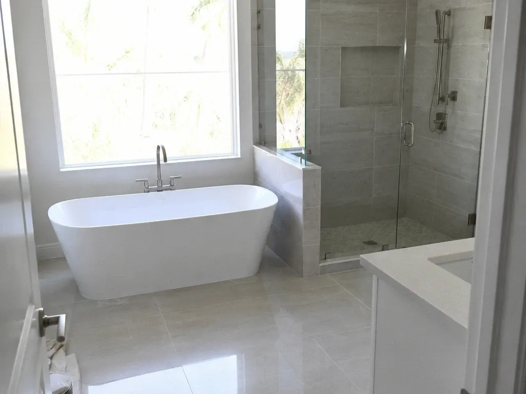 Expanded primary bathroom with a freestanding tub by the window and a glass-panel shower